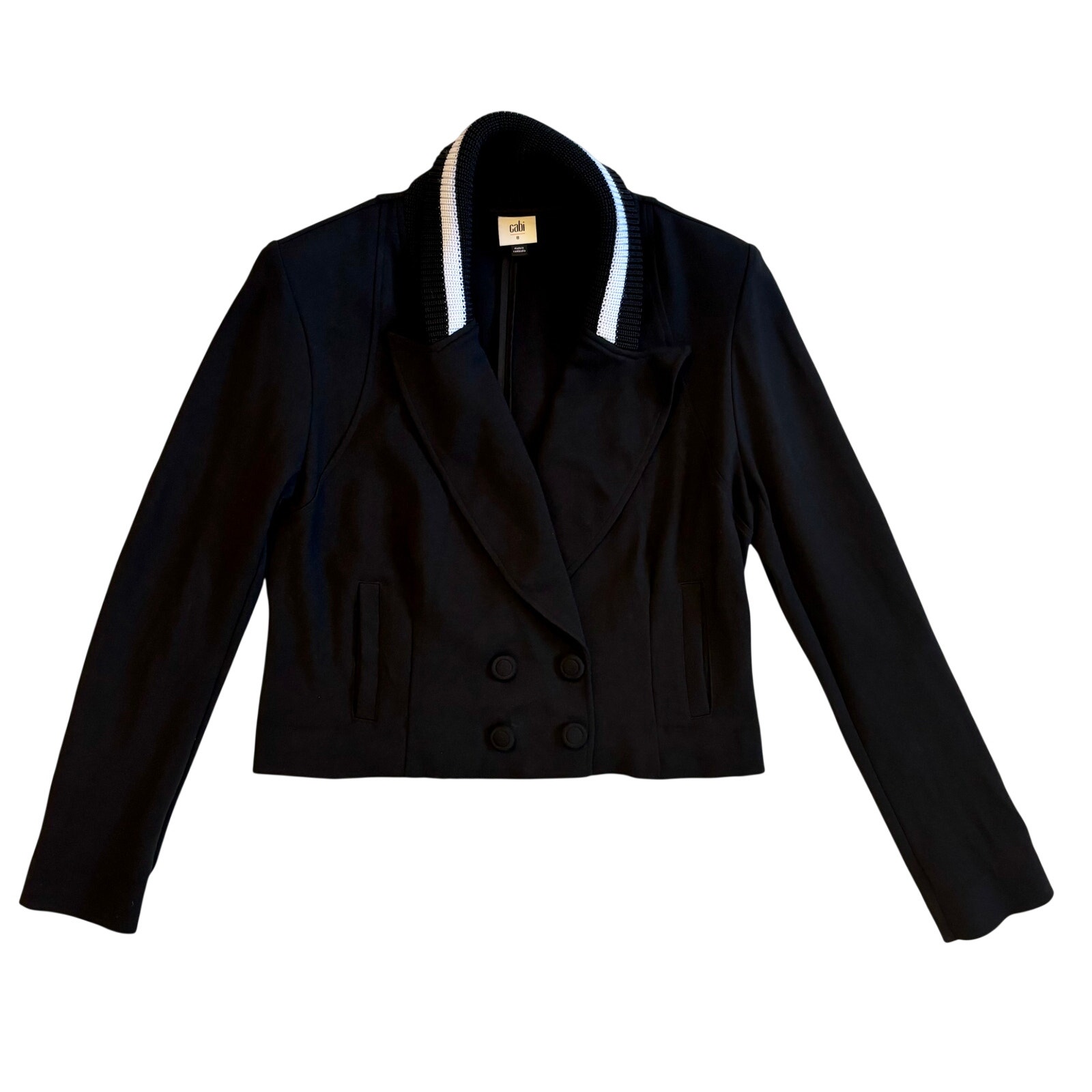 Cabi Black Tie Jacket Long Sleeve Crop Button Stretch Size 8 Womens